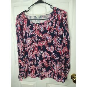 Talbots Sweater Women LP Dark Blue Pink Paisley Knit Stretch Lightweight Top